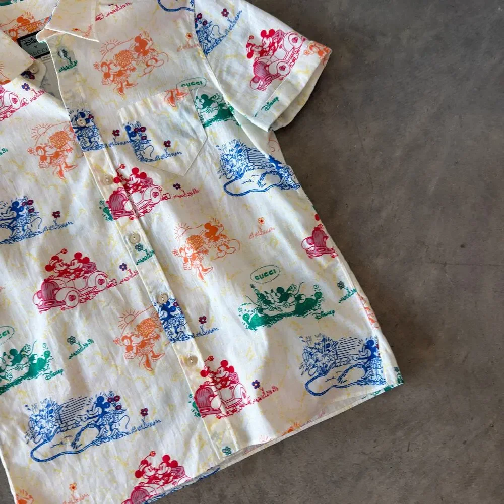 Disney x Gucci Mickey Minnie Mouse Print Short Sleeve Button-Up Shirt Size 52